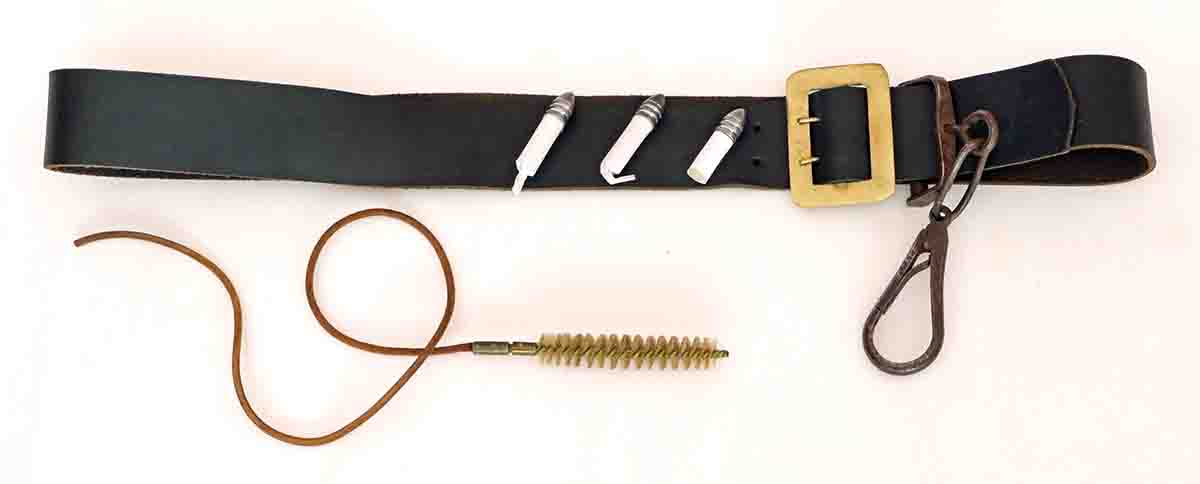 Carbine sling, three different types of paper cartridges for the Model ‘53, and a government-issued cleaning brush with detachable leather thong. Sharps came up with the hog bristle brush idea and it proved perfect for quickly cleaning the bore, complex chamber, and receiver. Today, a large test-tube brush works just as well.